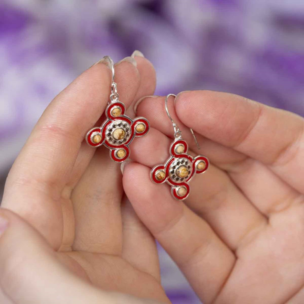 Red Silver and Enamel Cosmati Pavement Earrings