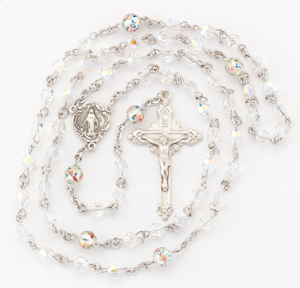 Rosary Sterling Crucifix and Centerpiece Created with finest Austrian Crystal 5mm Aurora Borealis Beads by HMH