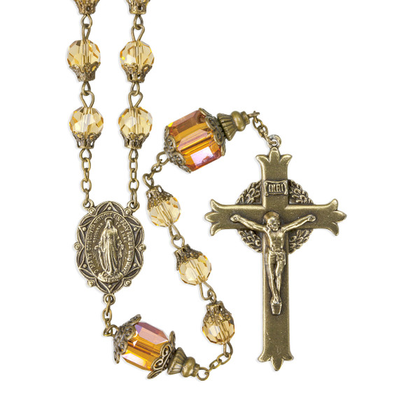 8mm Faceted Light Topaz Glass Bead Rosary with antique Brass Caps Crucifix and Centerpiece