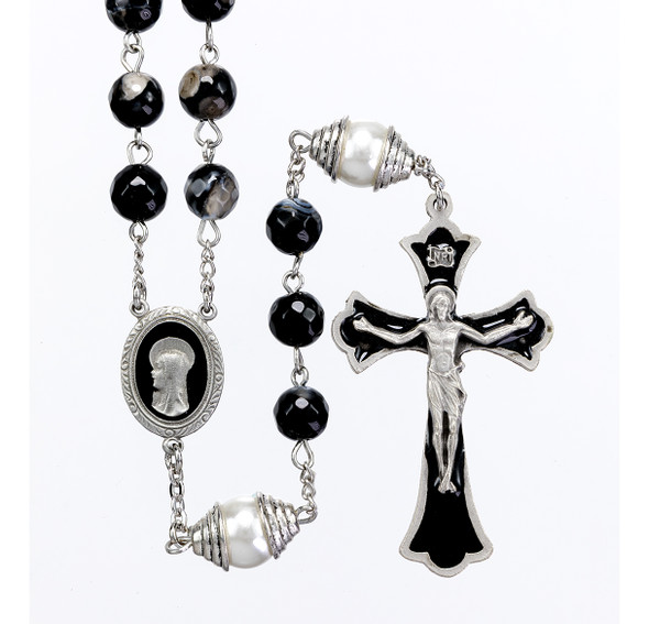 8mm Black and Grey Onyx Gemstone Rosary with Black Epoxy Genuine Pewter Crucifix and Center