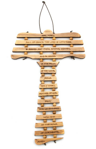 Olive Wood Tau Cross - Hail Mary Prayer - English