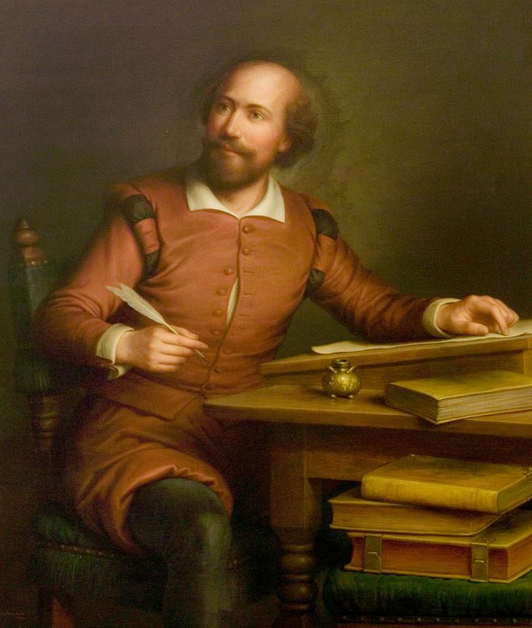 Shakespeare seated at a table with a quill and a pile of books