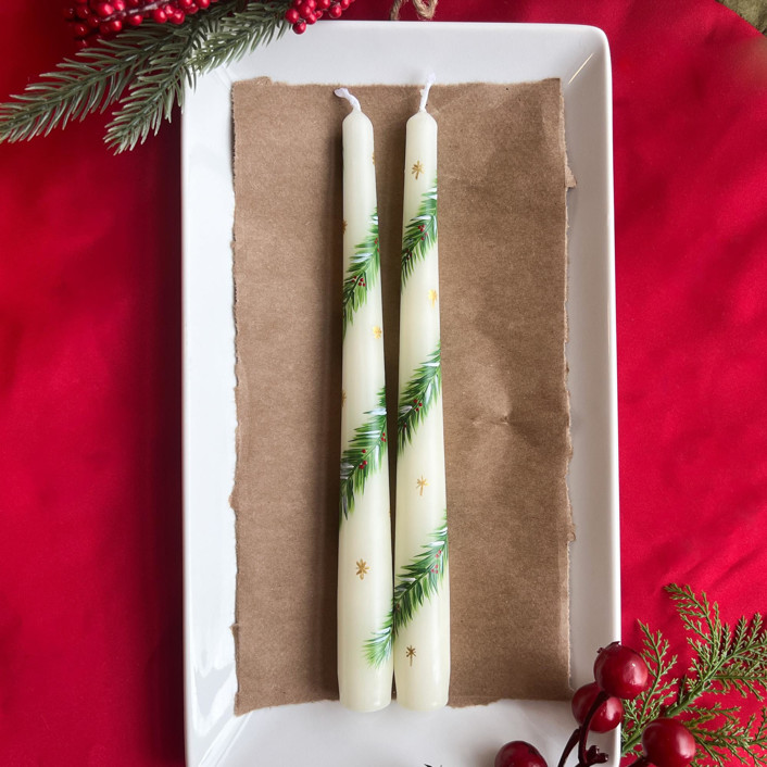 Set of Two Christmas Pine Garland Taper Candles by Emily de Moraes