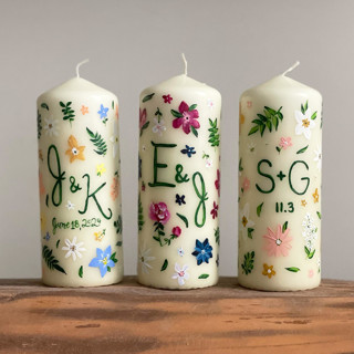 Monogrammed Ivory with Greenery and Pastel Floral Hand-Painted 6” Pillar Candle, Set of 1 by Ashley Myers