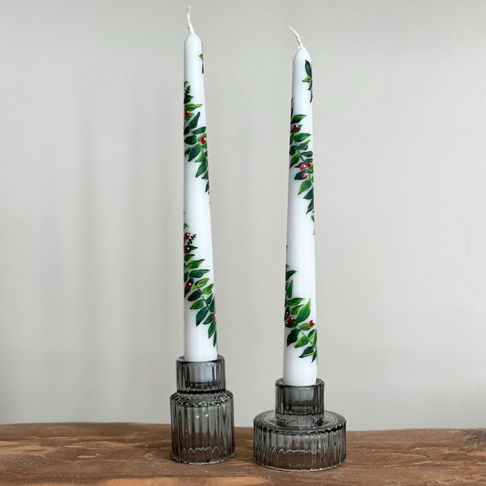 White with Holly Greenery Hand-Painted Taper Candles, Set of 2 by Ashley Myers