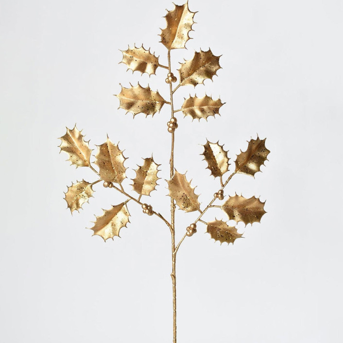 25.5 FAUX METALLIC GOLD HOLLY LEAF STEM - Set of 3 by Jeremy Rice