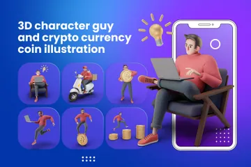 3Dキャラクターの男と暗号通貨コイン 3D Illustrationパック