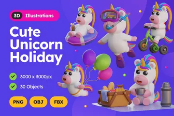 Vacances de licorne mignonnes Pack 3D Illustration