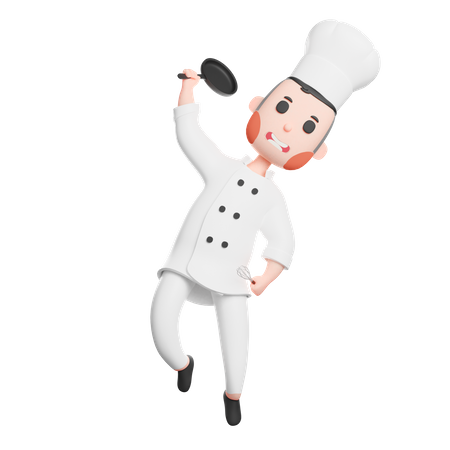 Free Cheerful chef with holding frying pan  3D Illustration