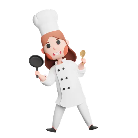 Free Cute chef holding frying pan and spatula utensil  3D Illustration