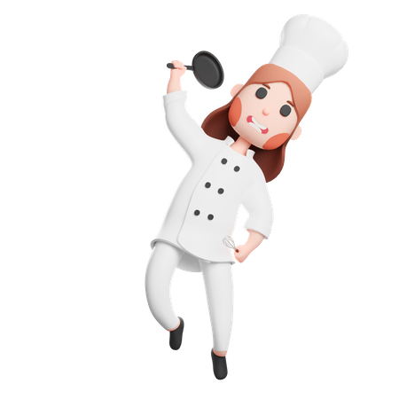 Free Cute chef holding frying pan and spatula utensil  3D Illustration