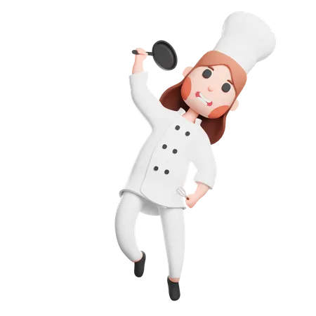 Free Cute chef holding frying pan and spatula utensil  3D Illustration