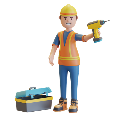 Free Trabajador de la construcción con máquina perforadora  3D Illustration