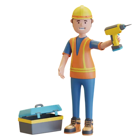 Free Trabajador de la construcción con máquina perforadora  3D Illustration