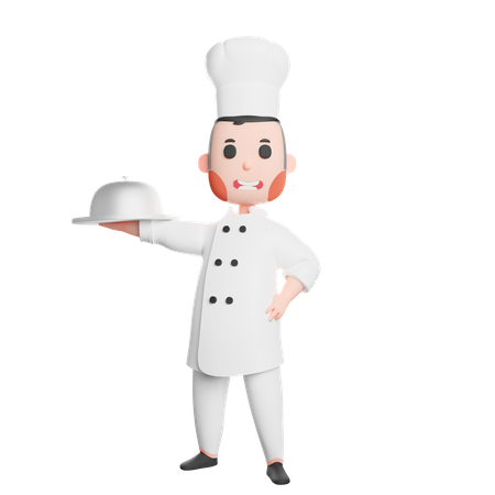 Free Young smiling chef holding cloche  3D Illustration