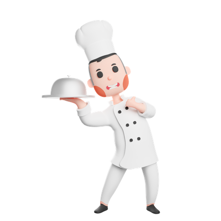 Free Young smiling chef holding cloche  3D Illustration