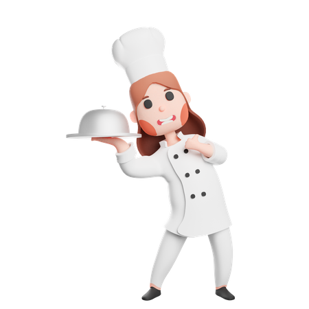 Free Young smiling chef holding cloche  3D Illustration