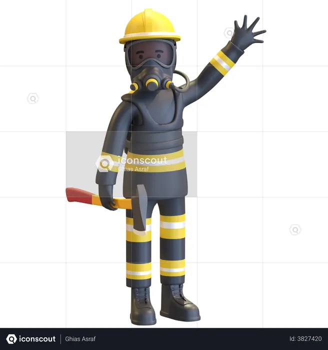 Proteção completa de equipamento de bombeiro segurando machado  3D Illustration