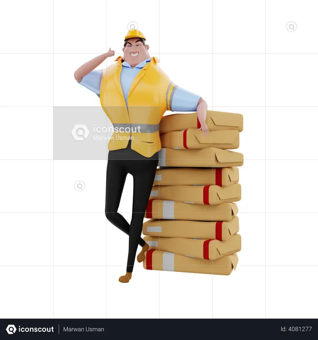 Engineer standing with piles of goods  3D Illustration