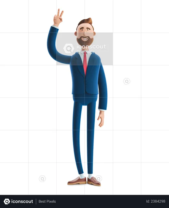 Homme d'affaires debout avec signe de victoire  3D Illustration