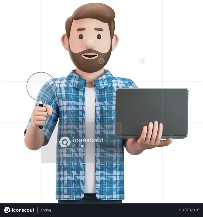 Man Holds A Magnifying Glass And A Laptop In His Hand  3D Illustration