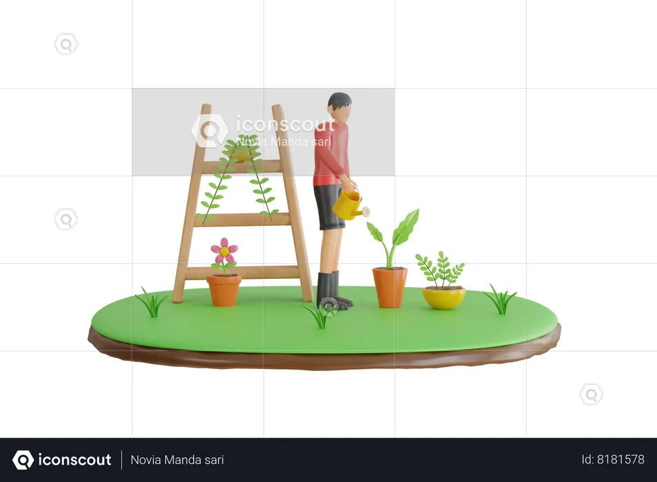 Man Watering Plants  3D Illustration