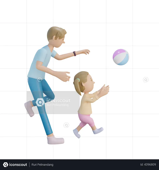 Padre e hija persiguiendo la pelota.  3D Illustration