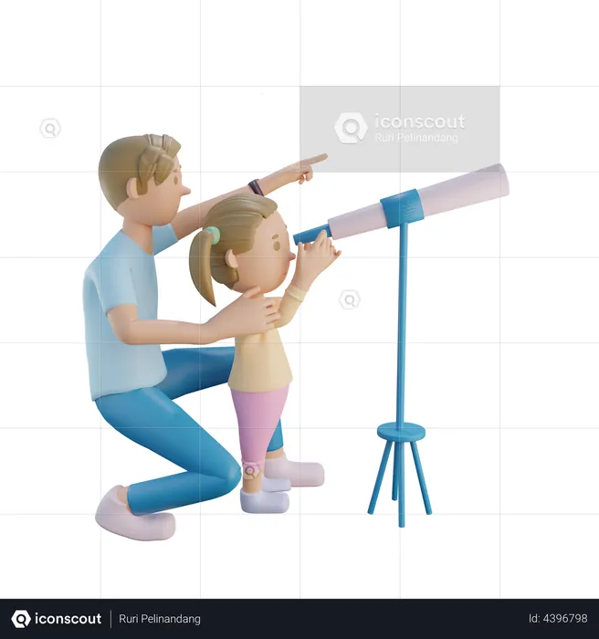 Padre e hija usando telescopio  3D Illustration