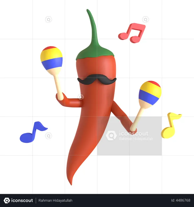 Pimenta vermelha tocando maracas  3D Illustration