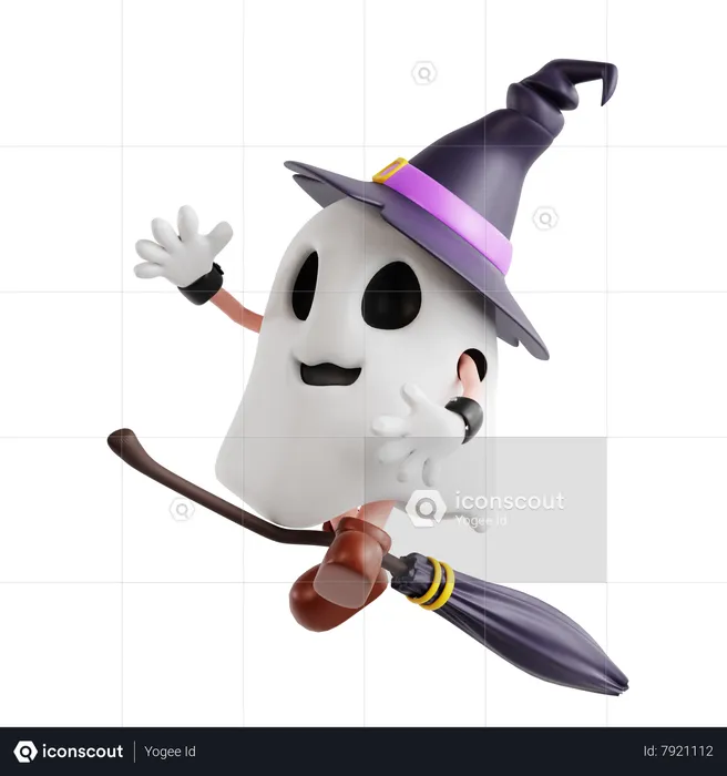 Witch Ghost Riding Broom  3D Illustration