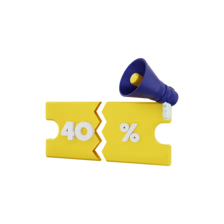 40 Percent discount voucher with megaphone  3D Illustration