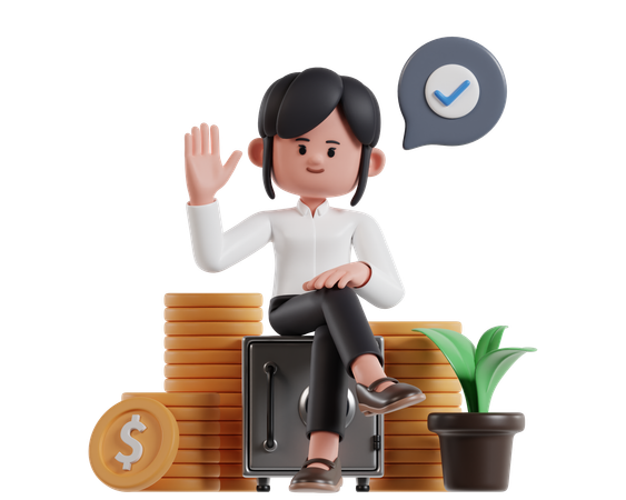 An Investor Woman Sitting On Top Of A Safe With A Stack Of Coins Offers Start Up Business Capital  3D Illustration