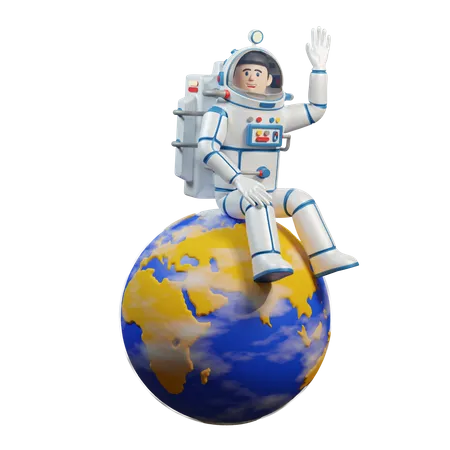 Astronaut in spacesuit sits on the planet earth  3D Illustration