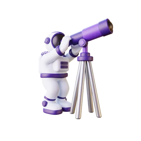 Astronaut Looking Through Telescope  3D Illustration