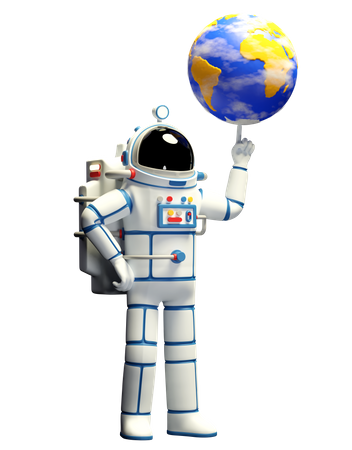 Astronauta em traje espacial gira o planeta Terra em seu dedo  3D Illustration