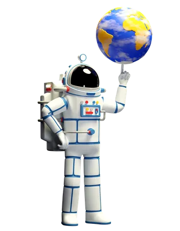 Astronauta em traje espacial gira o planeta Terra em seu dedo  3D Illustration