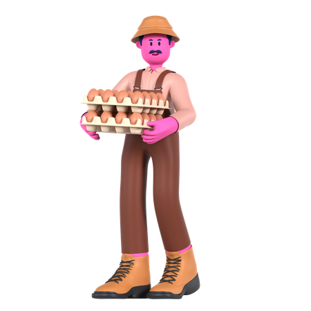 Agricultor masculino segurando a bandeja de ovos  3D Illustration