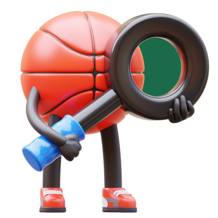 Basketball Character With Magnifying Glass  3D Illustration