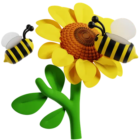 Bees Pollinating Sunflower  3D Icon