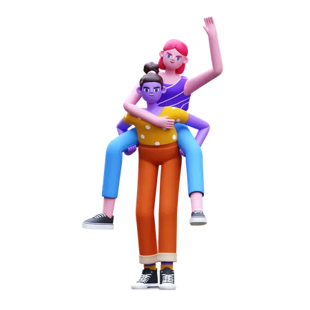 Best Friend Pickaback  3D Illustration