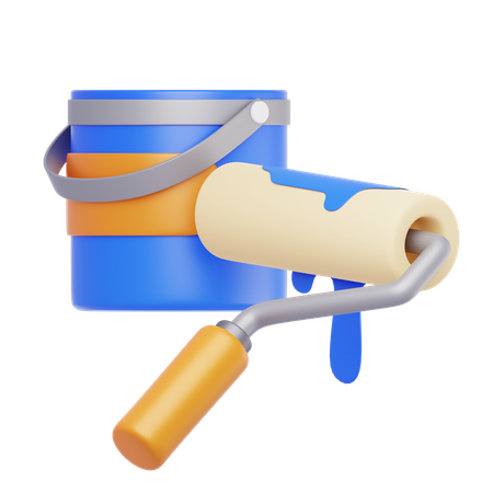 Blue Paint Bucket With Roller  3D Icon