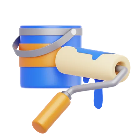 Blue Paint Bucket With Roller  3D Icon