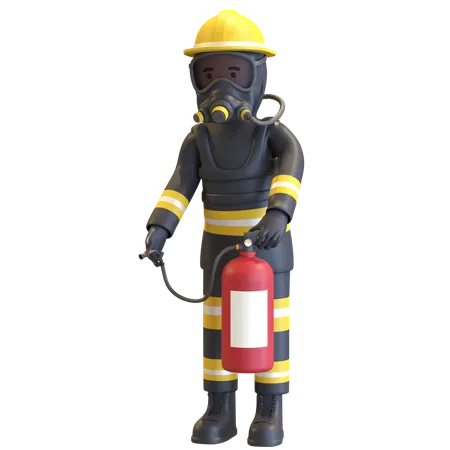 Proteção completa de equipamento de bombeiro segurando extintor de incêndio  3D Illustration