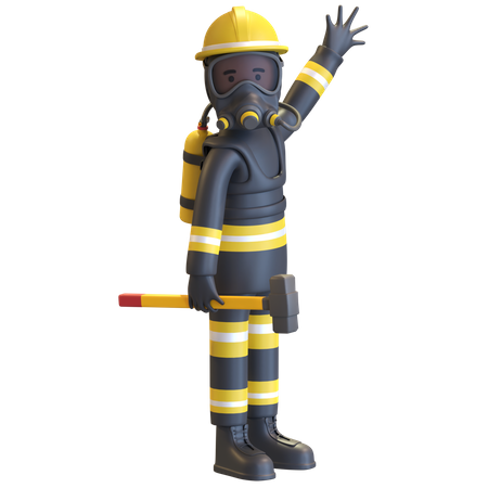 Proteção completa de equipamento de bombeiro segurando marreta  3D Illustration