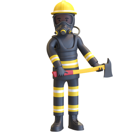 Proteção completa de equipamento de bombeiro segurando machado  3D Illustration