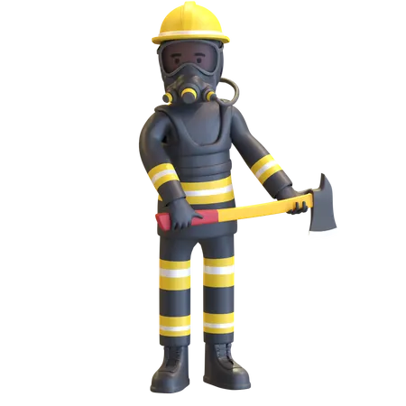 Proteção completa de equipamento de bombeiro segurando machado  3D Illustration