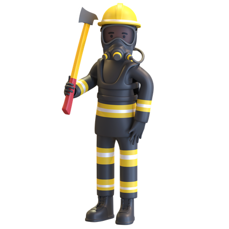 Proteção completa de equipamento de bombeiro segurando machado  3D Illustration