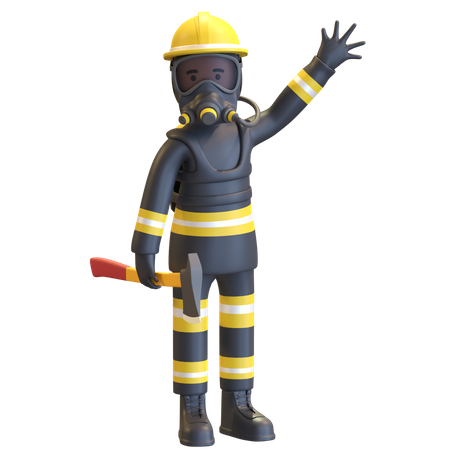 Proteção completa de equipamento de bombeiro segurando machado  3D Illustration