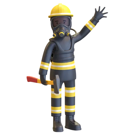 Proteção completa de equipamento de bombeiro segurando machado  3D Illustration