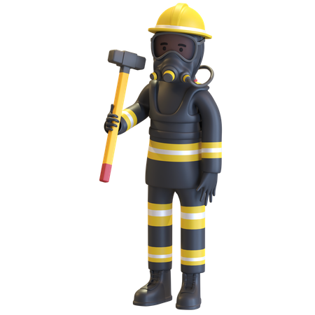 Proteção completa de equipamento de bombeiro segurando marreta  3D Illustration